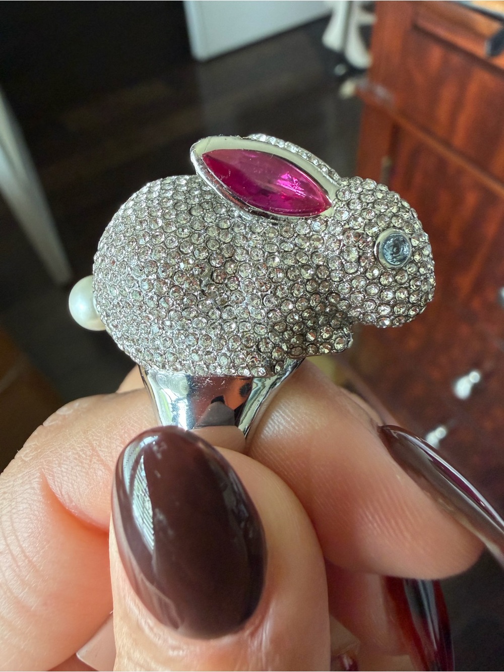 kate spade Silver Crystal Bunny Ring with Pink Ear and Pearl Tail